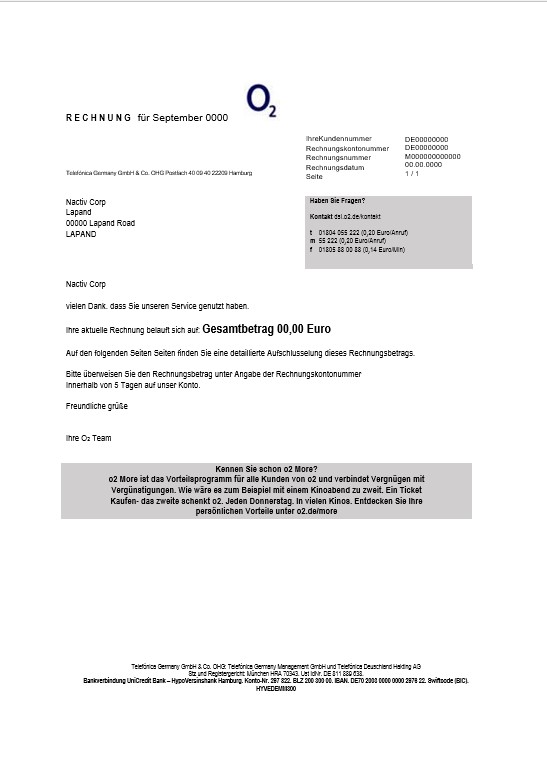 Germany RECHNUNG O2 business utility bill template in Word and PDF formats